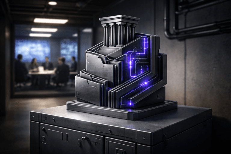 A photorealistic medium-wide cinematic shot, camera positioned approximately 1–2 meters from the subject, capturing a desk-sized, premium metal-and-glass sculpture representing modern legal operations: a clean stack of interlocking isometric shapes combining a courthouse column, document folders, and circuit-like data paths, finished in matte dark gray with brushed steel edges, resting solidly on top of an industrial gray electrical distribution box, the sculpture treated as a tangible real-world object with fine physical texture and realistic reflections, clearly readable within a realistic environment. The object integrates subtle electric-purple (#7B63FF) accents along select edges and data-path details, indicating intelligence or activity without overpowering realism. Set in a dimly lit corporate service corridor that opens visually into a glass-walled legal-operations “war room,” where large wall-mounted screens show soft-focus abstract data visualizations and timelines (no legible text), and a small, diverse group of professionals in business attire collaborate around a central table in the background, softly blurred; cool neutral corporate tones, industrial details like conduit and cable trays, and restrained neon reflections from screens and the sculpture create a subtle Tech-Noir atmosphere. Lighting is low-key and practical, mixing overhead fixtures with the glow of screens, complemented by a soft integrated white spotlight from the upper side that gently reveals the sculpture’s form, texture, and depth on the electrical box. Cinematic realism, natural shallow-to-medium depth of field, 35mm lens look, premium materials, ultra-detailed, 8K, no captions, no interface elements, no text, no watermarks.