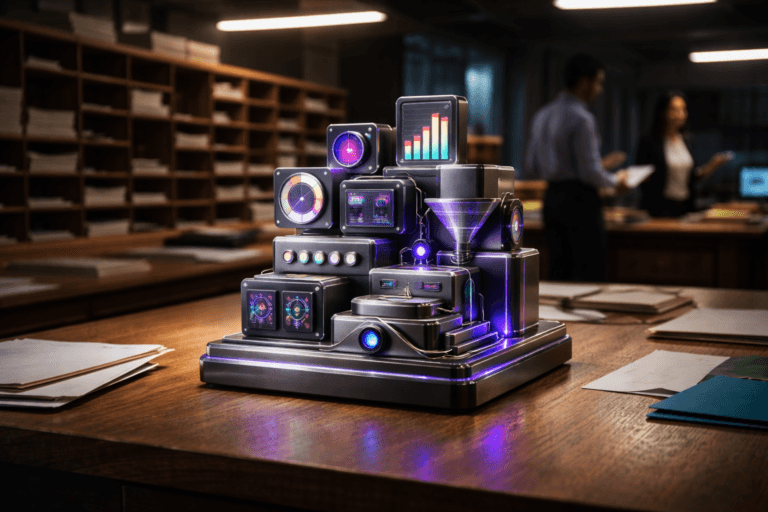A photorealistic medium-wide cinematic shot, camera positioned approximately 1–2 meters from the subject, capturing a refined real-world hero object: a colorful yet premium desk sculpture physically representing marketing operations, built from layered geometric blocks, miniature dashboards, dials and connector-like elements, a tangible 3D data cockpit sitting on a mail-sorting table. The sculpture has clean matte and brushed-metal finishes, subtle electric-purple (#7B63FF) accents glowing softly along edges and around tiny embedded screen surfaces, clearly readable and distinct against the scene without feeling cartoonish. Set in a realistic corporate mailroom–operations hub at night, with long wooden mail-sorting cubbies and labeled compartments receding into the background, scattered envelopes and folders on the table, and a couple of diverse office professionals in the soft-focus periphery sorting mail and checking a tablet, adding natural human presence without stealing focus from the sculpture. Lighting is low-key and practical, coming from overhead fluorescent strips, a nearby desk lamp and the cool glow of distant monitors, complemented by a soft integrated white spotlight from the upper side that gently reveals the form, texture and depth of the hero sculpture and the grain of the wooden table. The mood is subtly Tech-Noir, mixing warm wood tones and neutral corporate colors with restrained cyan and electric-purple reflections, natural shallow-to-medium depth of field, 35mm–50mm cinematic look, ultra-detailed materials, crisp reflections, cinematic realism, 8K, no text, no captions, no UI legibility, no watermarks.