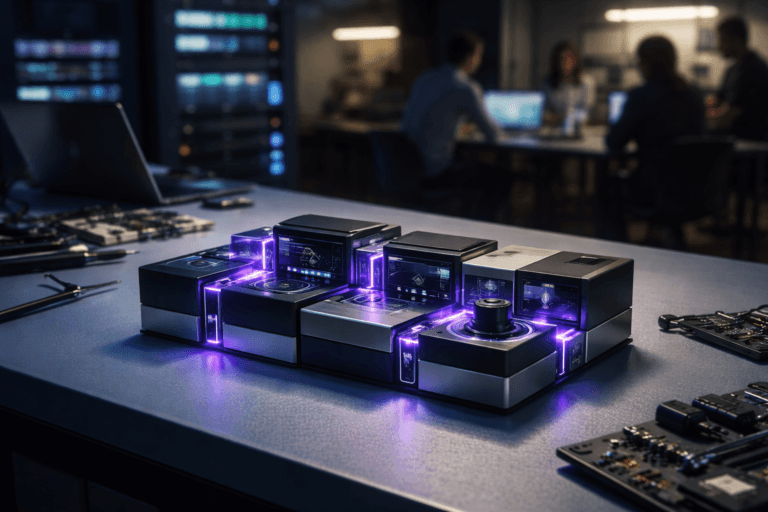 A photorealistic medium-wide cinematic shot, camera positioned approximately 1–2 meters from the subject, capturing a sleek physical “product operations control hub” sculpture on the desk: a compact modular console made of matte black and brushed aluminum blocks arranged in a clean grid, connected by transparent light channels and small glass pillars, with a few dark glossy tiles hinting at dashboards and graphs without readable text, subtly glowing with electric-purple #7B63FF indicator lines and tiny status LEDs, clearly readable within a realistic environment. The object integrates subtle electric-purple accents indicating intelligence or activity without overpowering realism. Set in a modern tech-noir hardware lab inside a B2B SaaS office at night, on a light-blue anti-static workbench with neatly arranged tools, circuit boards, and a couple of open laptops, distant wall-mounted monitors and server racks casting cool cyan and deep blue light, with a diverse group of product managers and engineers collaborating in soft focus in the background or periphery. Lighting is low-key and practical, coming from desk lamps, monitor glow, and ceiling fixtures, complemented by a soft integrated white spotlight from above and slightly to the side, gently revealing form, texture, and depth of the control hub and the anti-static bench surface. Cinematic realism, natural depth of field, 35mm lens look, premium materials, ultra-detailed, 8K, no captions, no text overlays, no watermarks.
