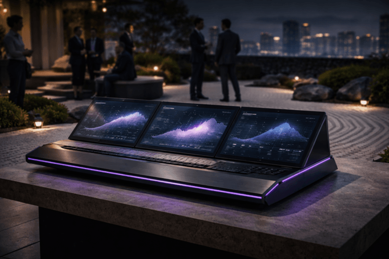 A photorealistic medium-wide cinematic shot, camera positioned approximately 1–2 meters from the subject, capturing a sleek physical Revenue Operations control console — a low-profile glass-and-metal analytics hub on a refined table, with multiple slightly curved embedded screens showing soft, abstract tax and financial data visualizations and charts with no legible text — clearly readable within a realistic environment. The object integrates subtle electric-purple (#7B63FF) light accents along the console edges and interface details, indicating intelligence and real-time activity without overpowering realism. Set in a corporate rooftop zen garden at night, with pristine white sand raked into calm wave patterns, minimalist dark stones and sparse green plants, and a distant Brazilian city skyline glowing in muted tech-noir tones of deep blues, charcoals and soft purples; a small, diverse group of business professionals in suits and smart-casual attire stands and sits in the background and periphery, quietly collaborating and observing the console from a distance, naturally posed and slightly out of focus. Lighting is low-key and practical, coming from the console screens, discreet floor lights and a few warm architectural fixtures, complemented by a soft integrated white spotlight from above and to the side, gently revealing the console’s form, brushed-metal texture and glass reflections while letting the background fall into subtle shadow. Cinematic realism with a 35mm photographic look, natural shallow-to-medium depth of field, neutral corporate color palette with restrained neon purple accents, premium materials, ultra-detailed, 8K, no captions, no text overlays, no watermarks.