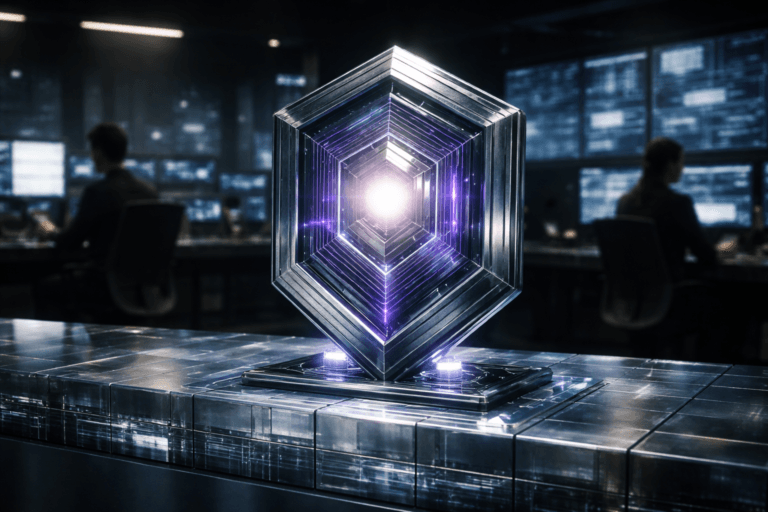 A photorealistic medium-wide cinematic shot, camera positioned approximately 1–2 meters from the subject, capturing a refined real-world hero object: a solid hexagonal shield sculpture made of layered translucent glass and brushed metal, with a softly glowing protected core at its center, standing upright on a sleek console built from translucent glass bricks, clearly readable within a realistic environment. The object integrates subtle electric-purple accents indicating intelligence or activity without overpowering realism, with fine neon-like edge reflections, faint circuit-like light patterns embedded within the glass layers, and cool neutral tones balancing the glow. Set in an optimized real-world Tech-Noir environment: a dark, high-end corporate security operations center at night, the glass-brick surface extending into a control desk, a softly out-of-focus wall of monitoring screens and dashboards in the background, and a few diverse, professionally dressed security analysts working at their workstations as natural human presence in the background or periphery. Lighting is low-key and practical, driven by monitor glow, dim overhead fixtures, and discreet architectural strip lights, complemented by a soft integrated white spotlight from above and slightly to the side, gently revealing form, texture, and depth in the shield, the glass bricks, and nearby surfaces. Cinematic realism, natural shallow-to-medium depth of field, 35mm lens look, premium materials, subtle tech-noir palette of cool grays with restrained electric-purple (#7B63FF) and teal accents, ultra-detailed, 8K, no text, no captions, no watermarks.