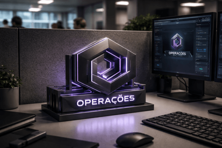 A photorealistic medium-wide cinematic shot, camera positioned approximately 1–2 meters from the subject, capturing a solid 3D isometric desk sculpture of the “Operações” brand logo in dark brushed metal and smoked glass, placed on a clean modern workstation inside a cubicle, the Operações logo clearly visible on the front face and repeated subtly on the main computer monitor UI beside it, all clearly readable within a realistic environment. The object integrates subtle electric-purple (#7B63FF) edge lighting and interface-like accents indicating intelligence and digital activity without overpowering realism. Set in a contemporary corporate office cubicle with grey felt acoustic panels, dual monitors, a slim keyboard and mouse, and glimpses of an open-plan tech office beyond the partition where a few diverse professionals work at their computers, softly out of focus in the background, maintaining a grounded Tech-Noir mood through cool ambient light and restrained neon reflections. Lighting is low-key and practical, coming from monitor glow, a small desk lamp, and recessed ceiling fixtures, complemented by a soft integrated white spotlight from the upper side, gently revealing form, texture, and depth on the logo sculpture and surrounding materials. Cinematic realism, natural shallow-to-medium depth of field, neutral corporate palette of greys, charcoals and muted blues with restrained electric-purple accents, premium materials, ultra-detailed, 8K, no captions, no text overlays, no watermarks.