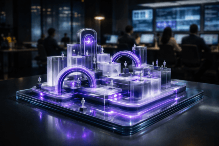 A photorealistic medium-wide cinematic shot, camera positioned approximately 1–2 meters from the subject, capturing a refined real-world hero object: a premium tabletop “customer journey control console” sculpture, designed as a glossy white and charcoal acrylic 3D isometric structure with interconnected translucent blocks, arcs and pathways representing data, people and processes, resting on a translucent colored acrylic surface of layered glass-like plastic, with subtle embedded electric-purple (#7B63FF) LED lines pulsing softly along the connections, clearly readable within a realistic environment. The object integrates subtle electric-purple accents indicating intelligence or activity without overpowering realism. Set in a tech-noir corporate customer success control room at night, with floor-to-ceiling glass showing a faint futuristic city skyline, large wall-mounted dashboards and monitors (no readable text) casting cool reflections, and a diverse team of professionals at workstations in the background, seen in soft focus, talking quietly or analyzing screens. Lighting is low-key and practical, coming from monitor glow, a few desk lamps and ceiling strips, complemented by a soft integrated white spotlight from above and slightly to the side of the sculpture, gently revealing form, texture and depth on the acrylic surfaces and metallic details. Cinematic realism, natural depth of field, premium materials, ultra-detailed, 8K, neutral corporate palette with restrained neon accents, no captions, no text overlays, no watermarks.