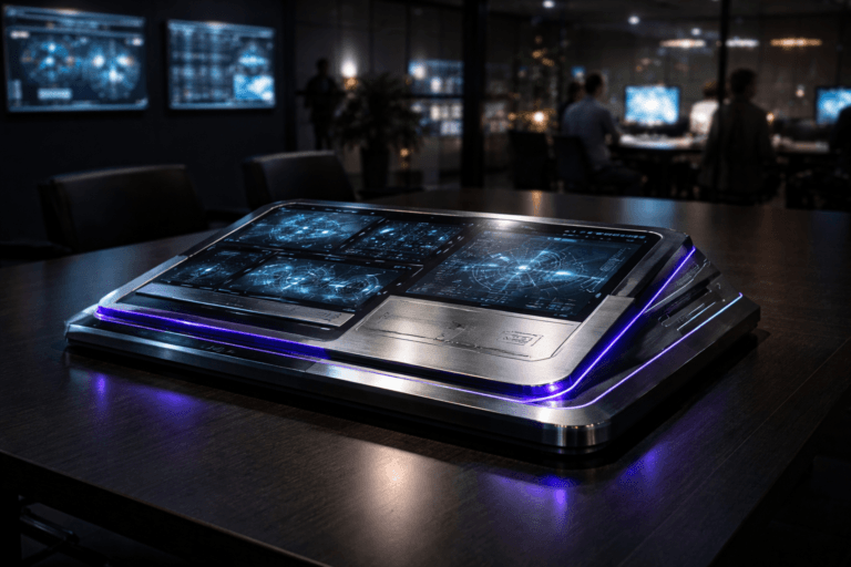 A photorealistic medium-wide cinematic shot, camera positioned approximately 1–2 meters from the subject, capturing a sleek physical tabletop “IT operations cockpit” sculpture as the hero object: a premium glass-and-brushed-metal control console with layered isometric panels, embedded micro-displays showing soft-focus graphs and network topologies, subtle circuit-like engravings, and fine LED light lines, all clearly readable within a realistic environment. The object integrates subtle electric-purple (#7B63FF) accents along its edges, indicator lights, and reflections, suggesting intelligent automation and real-time decision-making without overpowering realism. Set in a contemporary tech-noir IT operations command room at night inside a Brazilian corporate office, with a long dark conference table, wall-mounted screens in the background showing blurred dashboards and incident maps, glass walls revealing a dim open-plan workspace with city lights outside, and a diverse group of professionals in smart-casual attire working at stations or conferring quietly in the periphery, slightly out of focus to keep the sculpture as the focal point. Lighting is low-key and practical, coming from screens, recessed ceiling lights, and a soft integrated white spotlight from above and slightly to the side that gently reveals the form, texture, and depth of the console and tabletop, with subtle reflections on glass and metal surfaces. Cinematic realism, natural shallow-to-medium depth of field with a 35–50mm photographic look, neutral corporate color palette with restrained blue and electric-purple neon accents, premium materials, ultra-detailed, 8K, no captions, no text overlays, no watermarks.