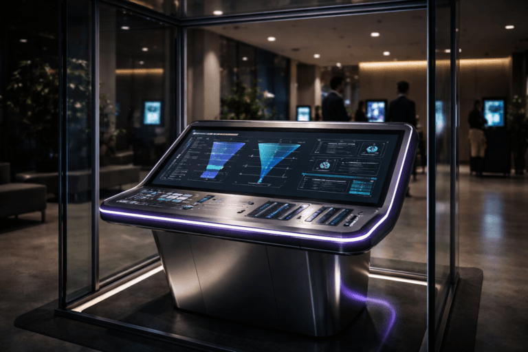 A photorealistic medium-wide cinematic shot, camera positioned approximately 1–2 meters from the subject, capturing a sleek real-world interactive control console representing modern Sales Operations as the hero object — a premium metal-and-glass pedestal inside a booth, with integrated curved touchscreens showing abstract but clearly organized CRM-style pipelines, funnels, and metrics, physical illuminated sliders and buttons, and subtle electric-purple #7B63FF light traces running along its edges to suggest intelligent automation — clearly readable within a realistic environment. The object integrates subtle electric-purple accents indicating intelligence or activity without overpowering realism. Set in a contemporary corporate lobby at night, reimagined as a tech-noir self-service zone, with the console housed inside a glass-walled booth reminiscent of a voting cabin or advanced self-service terminal; additional kiosks, minimal seating, and large ambient digital displays recede into the background, where a few diverse business professionals in smart-casual attire wait in line or interact with other terminals, softly out of focus. Lighting is low-key and practical, coming from overhead recessed fixtures, the console’s screens, and discreet floor-level LED strips, complemented by a soft integrated white spotlight from above and slightly to the side, gently revealing form, texture, and depth on the console surfaces and glass booth. Cinematic photographic realism with a subtle tech-noir atmosphere, natural shallow-to-medium depth of field, neutral corporate color palette with restrained neon purple and cool cyan reflections, premium materials, ultra-detailed, 8K, no captions, no text overlays, no watermarks.