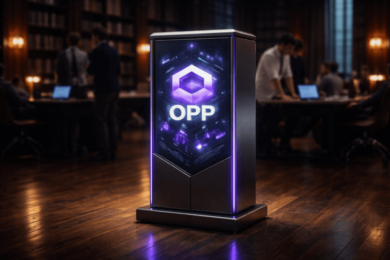 A photorealistic medium-wide cinematic shot, camera positioned approximately 1–2 meters from the subject, capturing a sleek, waist-high glass-and-metal pedestal standing on an old polished wooden floor, featuring the OPP brand wordmark logo clearly visible on an embedded vertical screen as a luminous 3D isometric emblem, surrounded by subtle isometric UI blocks and data-flow elements that visually suggest an optimized B2B prospecting and sales command system, all physically grounded and crisply readable within the scene. The object integrates subtle electric-purple (#7B63FF) accents along the logo edges, pedestal trim, and interface highlights, indicating intelligence and activity without overpowering realism. Set in a grand, dimly lit old library with dark wooden floors and towering wooden bookshelves receding into shadow, softly updated into a Tech-Noir sales war room with a few modern desks, slim laptops, and discreet cabling; a small group of diverse Brazilian B2B sales professionals in smart-casual attire work and confer in the mid-ground and background, slightly out of focus, providing natural human presence while keeping the OPP pedestal as the clear hero. Lighting is low-key and practical, coming from warm table lamps, a faint cool spill from tall side windows, and the glow of laptop screens, complemented by a soft integrated white spotlight from above that grazes the OPP pedestal and logo, gently revealing form, texture, and depth and casting subtle reflections on the wooden floor. Cinematic photographic realism, 35mm lens look, natural shallow-to-medium depth of field, neutral corporate palette with restrained electric-purple neon accents, premium materials, ultra-detailed, 8K, no captions, no text overlays, no watermarks.