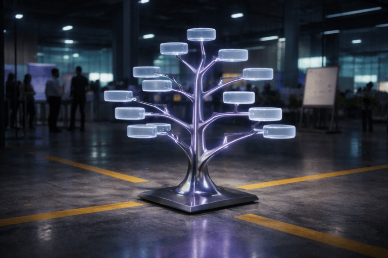 A photorealistic medium-wide cinematic shot, camera positioned approximately 1–2 meters from the subject, capturing a waist-high physical sculpture representing an Opportunity Solution Tree: a sleek metallic central trunk branching into multiple tiers of translucent acrylic nodes, arranged like an isometric 3D diagram, each node softly lit from within in muted blues and neutral tones, with subtle electric-purple (#7B63FF) light traces pulsing along the branches to indicate intelligence and flow, playful yet premium and clearly readable as a structured decision tree within a realistic environment. The object stands directly on a polished factory concrete floor with visible texture and reflections, intersected by bold yellow safety stripes that guide the eye toward the sculpture. Set in a dimly lit, high-tech factory innovation floor at night, with industrial columns, distant machinery silhouettes, and a few large wall-mounted screens and glass-partitioned workstations softly glowing in the background, all in neutral corporate colors with restrained teal and electric-purple neon accents for a subtle Tech-Noir atmosphere. Natural human presence appears in the background and periphery: a small, diverse group of professionals in modern business-casual attire, slightly out of focus, standing near a mobile workstation and a rolling whiteboard with blurred diagrams (no legible text), gesturing calmly as if discussing experiments and metrics while occasionally glancing toward the sculpture. Lighting is low-key and practical, coming from overhead industrial fixtures, the glow of nearby screens, and a soft integrated white spotlight from the side that gently highlights the sculpture’s form, materials, and branching hierarchy, casting controlled shadows on the concrete and safety stripes. Cinematic realism, 35mm lens look, natural shallow-to-medium depth of field, premium materials, crisp reflections, ultra-detailed, 8K, no captions, no text overlays, no watermarks.