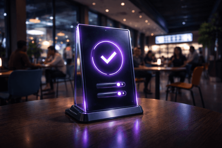 A photorealistic medium-wide cinematic shot, camera positioned approximately 1–2 meters from the subject, capturing a sleek real-world hero object: a premium glass-and-metal tabletop device shaped like a vertical tablet, with a large softly glowing circular opt-in icon and checkmark-style interface elements (no readable text), subtly pulsing with electric-purple #7B63FF accents to represent consent-based Opt-in Marketing, clearly readable within a realistic environment. The object integrates subtle electric-purple accents indicating intelligence or activity without overpowering realism. Set in a contemporary indoor food court in a modern shopping mall at night, colorful tables and chairs, cool-toned ambient light, distant digital menu boards and city lights outside the windows creating a refined Tech-Noir atmosphere, with diverse professionals and shoppers in the softly blurred background or periphery, casually chatting or using laptops and smartphones around other tables. Lighting is low-key and practical, complemented by a soft integrated white spotlight from above or the side, gently revealing form, texture, and depth on the device and tabletop, with soft reflections on the polished surface. Cinematic realism, natural depth of field, 35mm lens look, premium materials, ultra-detailed, 8K, no captions, no readable text, no watermarks.