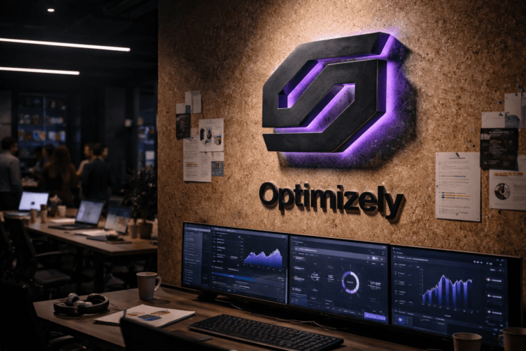 A photorealistic medium-wide cinematic shot, camera positioned approximately 1–2 meters from the subject, capturing a physical 3D Optimizely logo sculpture in isometric form, built from brushed dark metal with subtle electric-purple #7B63FF edge lighting, mounted on a large textured natural cork wall above a sleek multi-screen analytics console that clearly displays the Optimizely interface and logo within a realistic environment. The object integrates subtle electric-purple accents indicating intelligence or activity without overpowering realism. Set in a dimly lit modern marketing war room in a São Paulo high-rise office at night, with a long conference table, laptops and tablets, scattered notebooks and headphones, pinned campaign materials and printouts on the cork wall, large wall-mounted dashboards showing abstracted charts, and distant city lights with a muted neon glow visible through a side window, with a diverse group of marketing professionals collaborating naturally in the background and periphery, slightly out of focus. Lighting is low-key and practical, driven by monitor glow, a few overhead linear LED fixtures and a side window, complemented by a soft integrated white spotlight from above or the side, gently revealing form, texture, and depth. Cinematic realism, natural depth of field, premium materials, ultra-detailed, 8K, 35mm–50mm lens look, neutral corporate color palette with restrained electric-purple accents, no captions, no text overlays, no watermarks.