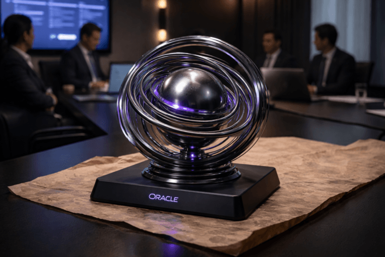 A photorealistic medium-wide cinematic shot, camera positioned approximately 1–2 meters from the subject, capturing a polished metallic fusion-reactor core sculpture — a solid sphere encircled by optimized concentric magnetic rings — resting on a sleek dark conference table, mounted on a matte black base with a small, realistic Oracle logo subtly visible, clearly readable within a realistic environment. The object integrates subtle electric-purple (#7B63FF) light accents and reflections along the rings and base, indicating intelligence and activity without overpowering realism. Set in a dimly lit executive boardroom of a modern Brazilian corporate office, where the tabletop beneath and around the sculpture is partially covered by a large sheet of crumpled-and-smoothed kraft paper, its warm textured surface acting as a tactile backdrop; in the softly blurred background and periphery, a diverse group of business professionals in suits sit and stand around the table, engaged with laptops and a wall-mounted display showing an Oracle AI dashboard with the Oracle logo, screens emitting cool neutral light with restrained electric-purple Tech-Noir accents. Lighting is low-key and practical, coming from overhead fixtures, laptop screens and the wall display, complemented by a soft integrated white spotlight from the side that gently reveals the sculpture’s metallic form, texture, and depth while letting the kraft-paper texture remain visible but unobtrusive. Cinematic realism, natural shallow-to-medium depth of field, premium materials, ultra-detailed, 8K, no text overlays, no captions, no watermarks.