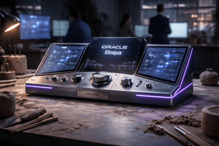 A photorealistic medium-wide cinematic shot, camera positioned approximately 1–2 meters from the subject, capturing a sleek, real-world hero object on a gray clay-stained ceramic worktable: a premium desktop control console inspired by an aircraft cockpit, physically representing Oracle Eloqua as a compact 3D sculptural device with clean isometric-like geometry, multiple softly glowing glass touchscreens and precise metal dials. The official Oracle Eloqua logo is clearly visible yet discreet, printed on the central glass interface and engraved on a small brushed-metal plaque at the base of the console, firmly grounded on the table. The object integrates subtle electric-purple (#7B63FF) light accents tracing along the edges of panels and indicator lines, suggesting intelligent data orchestration and activity without overpowering realism. Set in a moody, tech-noir hybrid environment: a lived-in ceramic and digital studio at night, with the gray, slightly messy clay-covered ceramic worktable in the foreground, scattered pottery tools, a partially formed clay piece, and faintly blurred monitors and laptops in the background showing soft abstract interface glows. A few diverse marketing and tech professionals in business-casual attire move and collaborate in the periphery, rendered in soft focus so the console remains the clear focal point. Cool neutral corporate tones dominate, with gentle blue and purple reflections from screens and distant city lights seeping through high windows. Lighting is low-key and practical, coming from desk lamps, monitor glow and a soft integrated white spotlight from above and slightly to the side, gently revealing the form, texture and depth of the Oracle Eloqua console, the clay-stained tabletop and surrounding tools. Shot on a 35mm–50mm cinematic lens with natural shallow-to-medium depth of field, cinematic realism, premium materials, ultra-detailed, 8K, no marketing text or captions, no watermarks, only the Oracle Eloqua logo on the device.