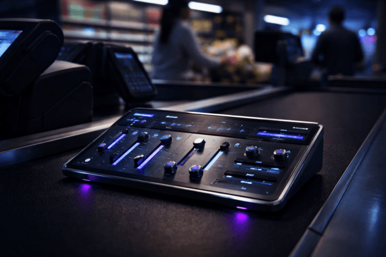 A photorealistic medium-wide cinematic shot, camera positioned approximately 1–2 meters from the subject, capturing a sleek, tablet-sized glass-and-brushed-metal “ad budget control console” sitting on a black supermarket checkout conveyor belt, its physical sliders, knobs, and embedded mini-screens clearly readable and evoking a real-time ad spend dashboard within a realistic environment. The object integrates subtle electric-purple (#7B63FF) accent lights and UI glows indicating intelligence or activity without overpowering realism. Set in a late-night supermarket checkout counter with a black conveyor belt, barcode scanner, and payment terminal in view, cool overhead store lighting mixing with restrained neon tech-noir reflections, with a professional cashier and a couple of diverse shoppers softly out of focus in the background or periphery. Lighting is low-key and practical, complemented by a soft integrated white spotlight from above and slightly to the side, gently revealing form, texture, and depth. Cinematic realism, natural depth of field, premium materials, ultra-detailed, 8K, no text, no captions, no watermarks.