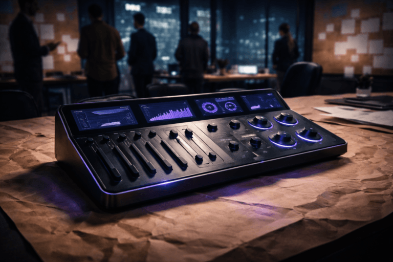A photorealistic medium-wide cinematic shot, camera positioned approximately 1–2 meters from the subject, capturing a premium physical “development budget” control console as the hero object: a sleek matte-black and brushed-metal tabletop device combining analog sliders, circular dials, illuminated segmented rings, and small frameless screens that visualize budgets and product roadmaps as abstract graphs, bars, and timelines (no text), resting on a large desk fully covered with crumpled and then smoothed brown kraft paper sheets, the paper’s folds and fibers clearly visible and tactile. The object integrates subtle electric-purple (#7B63FF) accents indicating intelligence or activity without overpowering realism, with thin purple light traces along panel edges, delicate purple glow inside a few graph elements, and a faint reflected purple shimmer across the kraft paper surface. Set in a real-world tech-noir product-planning war room at night inside a modern SaaS office, with glass walls revealing a soft-focus futuristic city skyline of cool blue and charcoal tones, side walls partially lined with more kraft paper sheets, sticky notes, and printed charts (all intentionally unreadable), and a diverse group of realistic professionals—product managers and engineers—in the background and periphery, slightly out of focus, standing and gesturing around other tables and whiteboards. Lighting is low-key and practical, coming from overhead office fixtures, the city glow through the glass, and the console’s interfaces, complemented by a soft integrated white spotlight from above and slightly to the side that gently reveals the form, metallic and paper textures, and depth of the hero object and kraft surface. Cinematic realism, natural shallow-to-medium depth of field, premium materials, subtle tech-noir color palette of neutral greys, warm browns, cool blues, and restrained electric-purple accents, ultra-detailed, 8K, no captions, no visible UI text, no logos, no watermarks.
