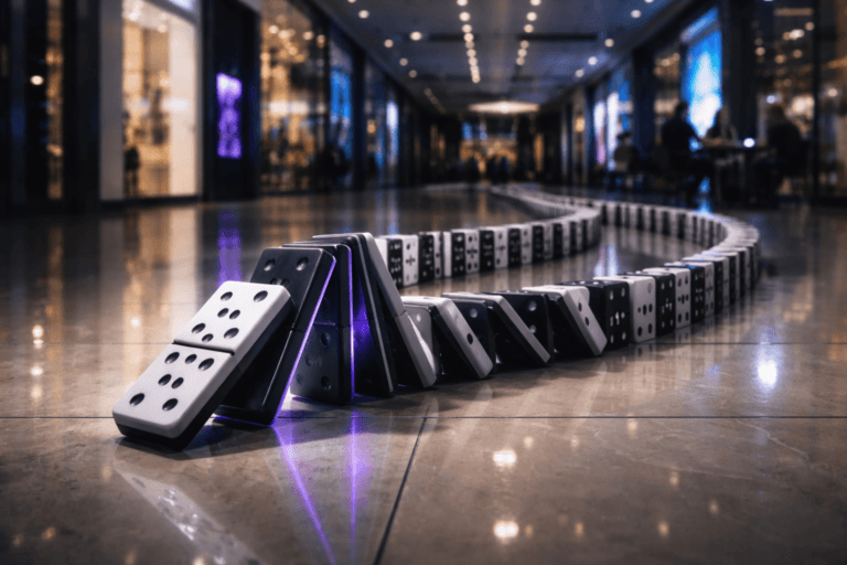 A photorealistic medium-wide cinematic shot, camera positioned approximately 1–2 meters from the subject, capturing a meticulously arranged double-lane chain of glossy black and white domino tiles on a shiny porcelain shopping-mall floor, frozen mid-collapse as a single leading piece tips into a complex cascading sequence, each tile finely detailed and clearly readable as the central hero object within a realistic environment. The object integrates subtle electric-purple (#7B63FF) accents indicating intelligence or activity without overpowering realism, with faint electric-purple reflections along the edges of select dominoes and a soft glow from nearby digital signage. Set in a modern indoor shopping-mall corridor at night, with polished porcelain tiles, glass storefronts, minimalist tech retail facades and digital billboards creating a subtle Tech-Noir atmosphere, distant shoppers and a small group of professionals near a laptop-lit café table appearing naturally in the background and periphery, slightly out of focus. Lighting is low-key and practical, coming from overhead mall fixtures, store windows and screen light, complemented by a soft integrated white spotlight from the side that gently reveals the form, texture and depth of the domino chain and floor reflections. Cinematic realism, 35mm lens look, natural depth of field, premium materials, ultra-detailed, 8K, no text, no captions, no watermarks.