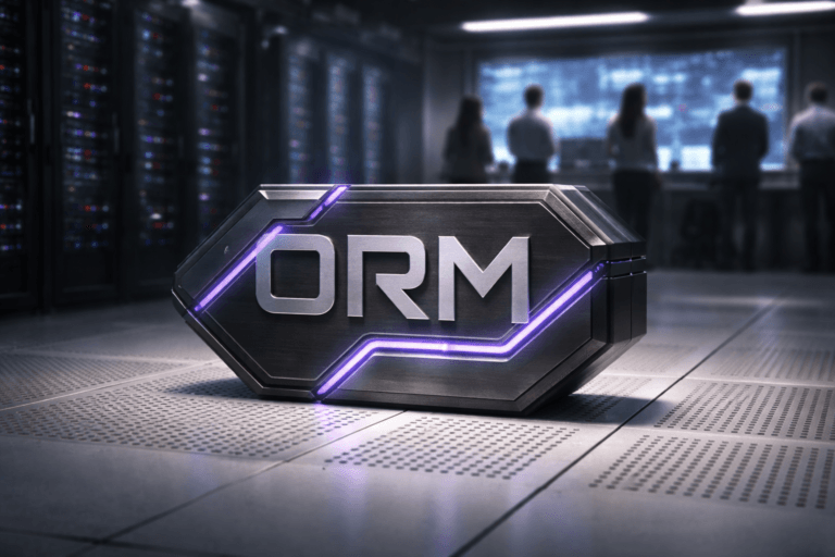 A photorealistic medium-wide cinematic shot, camera positioned approximately 1–2 meters from the subject, capturing a solid premium 3D isometric sculpture of the ORM logo as the hero object, made of brushed dark metal with clean beveled edges, subtle electric-purple #7B63FF light lines and tiny indicator LEDs running along its contours, resting realistically on a white elevated technical floor panel with perforated cooling tiles, the ORM logo clearly readable yet tastefully integrated into the object within a realistic environment. The object integrates subtle electric-purple accents indicating intelligence or activity without overpowering realism. Set in a high-end tech-noir network operations and data center environment with a white raised technical floor of perforated cooling tiles extending into the distance, rows of softly glowing server racks and a glass-walled control room in the background, where a small, diverse group of realistic professionals in modern business-casual attire monitor large wall-mounted screens filled with abstract data visualizations and social media activity, softly out of focus and clearly secondary to the hero object. Lighting is low-key and practical, coming from ceiling panels, server rack LEDs and the glow of the control-room screens, complemented by a soft integrated white spotlight from above and slightly to the side of the ORM logo sculpture, gently revealing form, texture and depth while casting natural shadows on the perforated floor. Cinematic realism, subtle tech-noir atmosphere, neutral corporate color palette with restrained electric-purple reflections, natural shallow-to-medium depth of field, 35mm–50mm lens look, premium materials, ultra-detailed, 8K, no UI chrome, no captions, no extraneous text overlays, no watermarks.