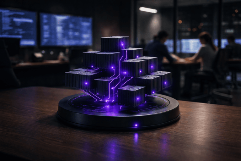 A photorealistic medium-wide cinematic shot, camera positioned approximately 1–2 meters from the subject, capturing a tangible desk-sized sculptural object representing container orchestration: a cluster of interlocking matte-black rectangular modules suggesting shipping containers and server nodes, linked by thin glowing electric-purple (#7B63FF) circuit lines, all mounted on a sleek black circular wireless charging base resting on a dark wooden workstation, clearly readable within a realistic environment. The object integrates subtle electric-purple accents indicating intelligence or activity without overpowering realism. Set in a dimly lit modern AI and MLOps control room at night in a corporate office, with large wall-mounted monitors showing abstracted dashboards and code, glass walls reflecting city lights, and a few diverse data engineers in smart-casual attire collaborating at nearby desks in soft focus in the background. Lighting is low-key and practical, coming from monitor glow, a distant desk lamp, and a faint city window light, complemented by a soft integrated white spotlight from above and slightly to the side, gently revealing the sculpture’s form, texture, and depth while letting the room fall into moody shadows. Cinematic realism, 35mm lens look, natural shallow-to-medium depth of field, clean composition, premium materials, subtle tech-noir color palette with neutral greys, deep blacks and restrained neon purple accents, ultra-detailed, 8K, no captions, no text overlays, no watermarks.