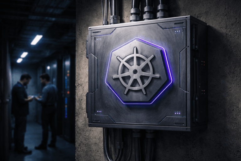 A photorealistic medium-wide cinematic shot, camera positioned approximately 1–2 meters from the subject, capturing a rugged industrial gray electrical distribution box mounted on a concrete wall as the hero object, with the official Kubernetes wheel logo rendered as a solid 3D isometric metal emblem on the front panel and subtle isometric circuit-like panels around it, clearly readable and physically integrated into the box surface. The object integrates subtle electric-purple #7B63FF accents indicating intelligence or activity without overpowering realism, such as thin glowing edge lines around the emblem, tiny status LEDs, and faint reflections on the metal. Set in a modern tech-noir data center utility corridor, with overhead cable trays, conduit pipes, glimpses of dark server racks and cool ambient light, and a couple of realistically dressed, diverse DevOps engineers in the soft-focus background inspecting tablets and equipment, remaining secondary to the electrical box and logo. Lighting is low-key and practical, coming from ceiling strip lights, indicator LEDs and equipment screens, complemented by a soft integrated white spotlight from above and slightly to the side that gently reveals the form, brushed texture, and depth of the box and emblem while letting the background fall into moody shadows. Cinematic realism with a 35mm–50mm lens look, natural shallow-to-medium depth of field, neutral corporate tones in charcoal, steel, and cool blues with restrained neon electric-purple accents, premium industrial materials, ultra-detailed, 8K, no captions, no UI, no floating elements, no watermarks.