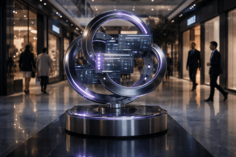 A photorealistic medium-wide cinematic shot, camera positioned approximately 1–2 meters from the subject, capturing a refined real-world hero object: a waist-high polished metal and glass sculptural installation representing AI-powered marketing orchestration, composed of interlocking circular rings and layered isometric-style panels that resemble interconnected dashboards and channels, mounted on a sleek pedestal in the center of the scene, clearly readable within a realistic environment. The object integrates subtle electric-purple (#7B63FF) light accents running as thin illuminated lines and small embedded LEDs along its surfaces, suggesting intelligent data flow and coordination without overpowering realism. Set in a high-end tech-noir shopping mall corridor with glossy porcelain tile flooring, glass storefronts, cool ambient lighting, and soft reflections on the floor, with a few diverse, well-dressed professionals walking past in the background and periphery, slightly out of focus, one person briefly glancing at the sculpture as they pass, reinforcing a candid real-world feel. Lighting is low-key and practical, coming from overhead mall fixtures, display windows, and distant digital billboards, complemented by a soft integrated white spotlight from above and slightly to the side that gently reveals the form, texture, and depth of the sculpture and its premium materials. Cinematic realism, 35mm–50mm lens look, natural shallow-to-medium depth of field, neutral corporate color palette with restrained electric-purple neon accents, subtle reflections and shadows, no text, no captions, no UI, no watermarks, ultra-detailed, 8K.
