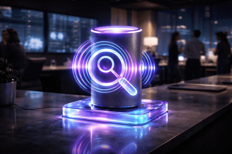 A photorealistic medium-wide cinematic shot, camera positioned approximately 1–2 meters from the subject, capturing a stylized real-world hero object that represents voice search optimization: a premium desktop smart-speaker-like cylinder fused with a translucent magnifying-glass search icon and circular sound-wave rings, crafted from layered translucent colored acrylic and resting on a glossy, color-shifted translucent acrylic platform, all clearly readable within a realistic environment. The object integrates subtle electric-purple (#7B63FF) edge lighting and faint animated-looking light trails along the sound-wave rings and search icon, indicating intelligent audio analysis and digital activity without overpowering realism. Set in a contemporary tech-noir digital marketing office at night, with a long translucent acrylic desk, soft reflections, large out-of-focus monitors on the back wall showing blurred analytics dashboards, glass partitions, and a distant city skyline with scattered neon accents, plus a small group of diverse professionals in smart-casual attire collaborating in the softly blurred background, their presence clearly secondary to the object. Lighting is low-key and practical, coming from monitor glow, a desk lamp and distant city lights, complemented by a soft integrated white spotlight from above and slightly to the side that gently reveals the sculpture’s glossy acrylic texture, subtle imperfections and depth while letting the surroundings fall into rich shadow. Neutral corporate tones dominate the room—charcoal, graphite, soft beige—punctuated by restrained electric-purple and cool cyan reflections on surfaces, with a natural shallow-to-medium depth of field isolating the hero object. Cinematic photographic realism, 35mm–50mm lens look, ultra-detailed materials, crisp reflections and refractions, subtle tech-noir atmosphere, 8K, no captions, no text overlays, no watermarks.