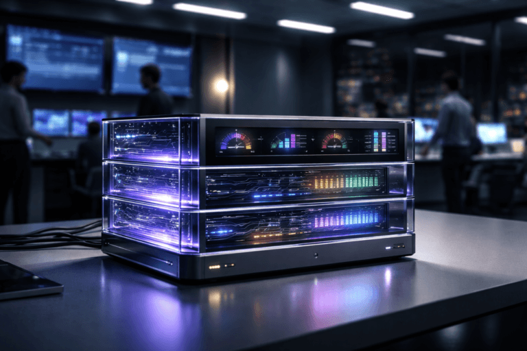 A photorealistic medium-wide cinematic shot, camera positioned approximately 1–2 meters from the subject, capturing a sleek physical hero object on a workstation desk: a desktop-sized glass-and-metal “application performance optimization” console, a real-world 3D sculpture composed of stacked translucent server-like layers and embedded analog-style gauges and LED bars showing abstract performance metrics, thin circuit-like inlays and edge lighting with subtle electric-purple #7B63FF accents indicating active data flow, all clearly readable and tactile. The object integrates subtle electric-purple accents indicating intelligence or activity without overpowering realism. Set in a high-end Tech-Noir technology clean room: a sterile yet cinematic operations space with dark charcoal walls, glossy white floor, ceiling light panels, and a few large wall-mounted monitors showing blurred, text-free analytical dashboards; glass partitions and a distant window hinting at a nocturnal city skyline with faint neon reflections. In the softly defocused background, a small, diverse group of professionals in business-casual attire work at their stations and move naturally around the room, providing realistic human presence while remaining secondary to the hero object. Lighting is low-key and practical, coming from ceiling panels, monitor glow, and indicator LEDs, complemented by a soft integrated white spotlight from above and slightly to the side, gently revealing the console’s glass surfaces, metal textures, and depth within the room. Cinematic realism, natural depth of field, premium materials, ultra-detailed, 8K, no captions, no text overlays, no watermarks.