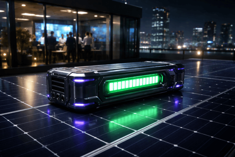 A photorealistic medium-wide cinematic shot, camera positioned approximately 1–2 meters from the subject, capturing a sleek futuristic lithium battery module with a bright green LED charge indicator bar, resting solidly on a dark navy-blue photovoltaic solar panel with finely detailed silver grid lines and realistic metal and glass reflections, clearly readable within a realistic environment. The object integrates subtle electric-purple #7B63FF accents along the indicator edges, connection ports, and faint reflections on the solar surface, suggesting intelligent energy flow and activity without overpowering realism. Set in a corporate rooftop solar installation atop a glass-walled office tower at night in a tech-noir city, with a softly glowing skyline, scattered neon reflections in blues and purples, and the interior of a modern marketing control room visible through the glass in the background, where a small, diverse group of professionals in business-casual attire stand and sit around large wall-mounted dashboards and monitors showing abstract omnichannel analytics and graphs (no legible text), their figures slightly out of focus and secondary to the battery. Lighting is low-key and practical, coming from the city glow, subtle rooftop fixtures, the battery’s indicator light, and screen illumination from inside the office, complemented by a soft integrated white spotlight from the upper side gently revealing the battery’s form, the texture of the solar panel, and subtle depth across the rooftop, with natural shallow-to-medium depth of field, premium materials, cinematic realism, ultra-detailed, 8K, no captions, no text overlays, no watermarks.