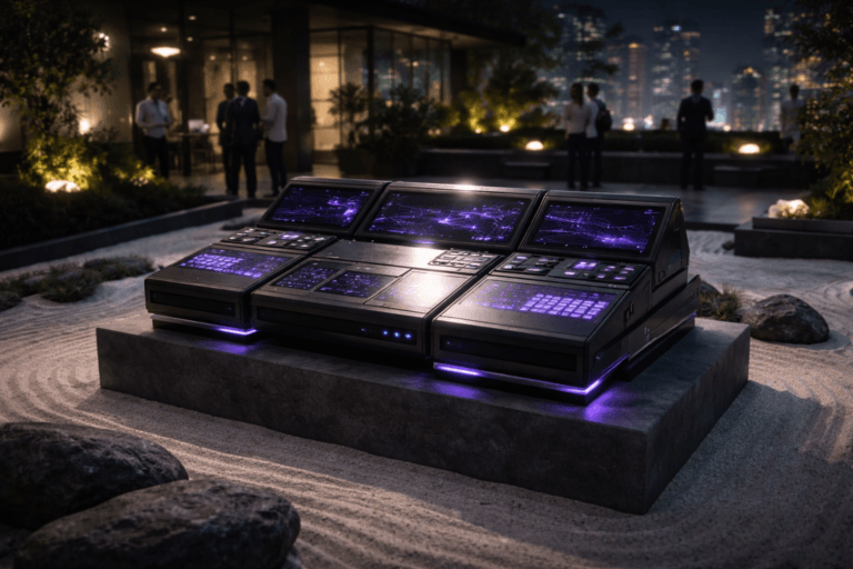 A photorealistic medium-wide cinematic shot, camera positioned approximately 1–2 meters from the subject, capturing a sleek physical “outsourcing control panel” as the hero object: a premium, desk-height modular console made of matte black metal and smoked glass, composed of interlocking isometric blocks and stacked layers that resemble a strategic operations dashboard, with several tactile backlit buttons and segmented modules subtly glowing in electric purple #7B63FF along edges and circuit-like inlays, small embedded screens showing abstract graphs and network flows (no readable text), clearly readable and sharply in focus within a realistic environment. The object stands on a low concrete pedestal in the center of a minimalist zen garden, with immaculate white sand raked into flowing wave patterns and a few dark stone accents, integrated into a contemporary corporate rooftop terrace at night in São Paulo, glass office facades and a moody city skyline with distant neon reflections suggesting a Tech-Noir atmosphere. Natural human presence appears in the background and periphery: a small group of diverse professionals in modern business-casual attire, candidly talking or checking laptops and tablets on nearby benches and standing tables, some casting brief glances toward the control panel while remaining secondary to it. Lighting is low-key and practical, coming from subtle floor-level LEDs, nearby glass doors from the office interior, and the panel’s own understated purple glow, complemented by a soft integrated white spotlight from above and slightly to the side, gently revealing the form, brushed-metal textures, glass reflections, and depth of the console and sand patterns. Cinematic realism, natural shallow-to-medium depth of field, cool neutral corporate tones with restrained electric-purple accents, premium materials, ultra-detailed, 8K, no captions, no text overlays, no watermarks.