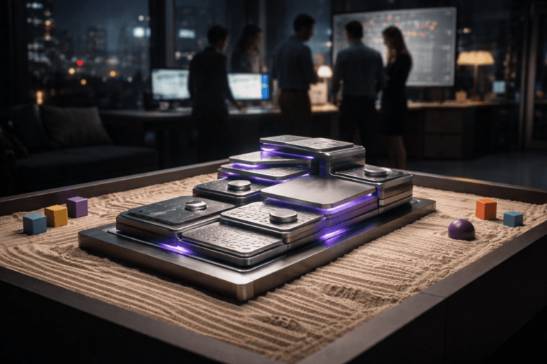 A photorealistic medium-wide cinematic shot, camera positioned approximately 1–2 meters from the subject, capturing a sleek modular desk sculpture that physically represents digital design patterns — stacked glass and brushed-metal tiles, interlocking card-like plates and button-shaped elements arranged in a precise grid over fine pale sand — clearly readable within a realistic environment. The object integrates subtle electric-purple #7B63FF accents along edges and seams, indicating intelligence and system activity without overpowering realism. Set in a modern tech office innovation lab at night, where the sculpture sits centered inside a low rectangular sandbox-style table filled with carefully raked sand, surrounded by a few neatly placed, colorful geometric toys and blocks that recall a children’s sandbox while still feeling professional. In the background, slightly out of focus, a diverse group of UX, product and marketing professionals confer around glowing monitors and a glass wall whiteboard, with a panoramic window revealing a moody city skyline and scattered neon reflections, reinforcing a refined tech-noir atmosphere. Lighting is low-key and practical, coming from computer screens, a nearby floor lamp and city lights, complemented by a soft integrated white spotlight from above that gently reveals the form, texture and depth of the sculpture, the sand surface and the table edges. Cinematic photographic realism, 35mm lens look, natural shallow-to-medium depth of field, neutral corporate tones with restrained electric-purple accents, premium materials, ultra-detailed, 8K, no text, no captions, no watermarks.