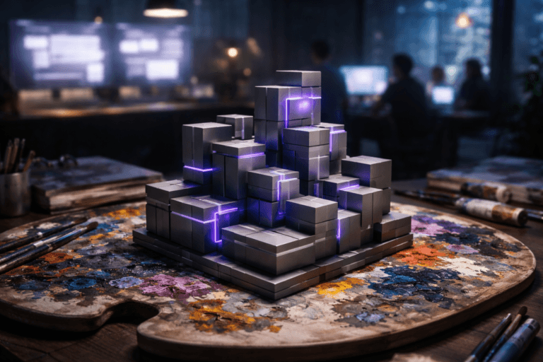 A photorealistic medium-wide cinematic shot, camera positioned approximately 1–2 meters from the subject, capturing a stylized physical hero sculpture of interlocking modular blocks arranged in an isometric city-like structure, made of premium matte metal and acrylic, resting on a messy, paint-smeared wooden artist’s palette covered in vivid oil paints, clearly readable as a metaphor for Software Design Patterns and design systems within a realistic environment. The object integrates subtle electric-purple (#7B63FF) accents glowing softly along edges and connection points, suggesting intelligence and active data flow without overpowering realism. Set in a dimly lit modern UX and engineering studio at night, with a large desk scattered with sketchbooks, sticky notes, laptops, and drawing tools, blurred ultra-wide monitors in the background showing abstract, defocused interface layouts, and a glass wall revealing a rainy cityscape with soft neon reflections, establishing a refined Tech-Noir atmosphere, with a diverse group of designers and developers in the distant background, softly out of focus, collaborating around a workstation. Lighting is low-key and practical, coming from desk lamps, monitor glow, and a soft integrated white spotlight from above that gently reveals the sculpture’s form, paint textures on the palette, and subtle reflections in the surrounding objects, creating natural shadows and depth. Cinematic realism, natural shallow-to-medium depth of field, premium materials, ultra-detailed, 8K, no text, no captions, no watermarks.