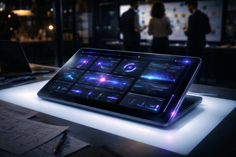 A photorealistic medium-wide cinematic shot, camera positioned approximately 1–2 meters from the subject, capturing a sleek glass executive command-panel dashboard resting slightly angled on a glowing architect-style light table, its surface filled with layered card-like UI tiles, abstract graphs, and status indicators rendered as luminous icons and shapes without readable text, clearly readable within a realistic environment. The object integrates subtle electric-purple (#7B63FF) accents threading through indicator lights and edge glows to suggest adaptive intelligence and real-time UX metrics without overpowering the neutral metal and glass materials. Set in a dim Tech-Noir UX design studio at night, the light table casting a soft glow onto scattered wireframe sketches, printed user flows, and a nearby laptop, with a small, diverse group of designers and product managers softly out of focus in the background, standing and gesturing as they review screens and sticky notes around the workspace. Lighting is low-key and practical, coming from the glowing panel, the light table, and a few overhead fixtures, complemented by a soft integrated white spotlight from above that grazes the dashboard surface and tabletop, gently revealing form, texture, and depth while leaving the room in moody shadow. Cinematic realism, natural shallow-to-medium depth of field, premium materials, subtle neon reflections, ultra-detailed, 8K. No captions, no on-screen legible text, no watermarks.