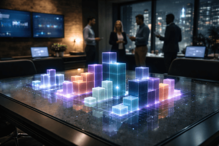 A photorealistic medium-wide cinematic shot, camera positioned approximately 1–2 meters from the subject, capturing a refined real-world hero object: a glass-topped analytics table where solid, semi-translucent acrylic data cubes in muted corporate colors are neatly arranged and subtly lifting and locking into precise geometric structures that evoke BI dashboards and KPI blocks, each cube edged with a faint electric-purple #7B63FF glow suggesting live data flow, clearly readable within a realistic environment. The object integrates subtle electric-purple accents indicating intelligence or activity without overpowering realism. Set in a high-end corporate data war room at night, with a natural textured cork feature wall behind the table, a panoramic window revealing a moody rainy city skyline, and several large wall-mounted screens and laptop displays showing softly blurred, text-free analytics interfaces; in the background, a small, diverse group of professionals in smart casual attire stands and gestures around the table, slightly out of focus, reinforcing a real-time decision-making atmosphere without competing with the cubes as the focal point. Lighting is low-key and practical, coming from the screens, a few sleek ceiling fixtures, and a soft integrated white spotlight from above and slightly to the side, gently revealing the form, texture, and depth of the cubes, table surface, and cork wall, casting realistic reflections and shadows. Cinematic realism, 35mm lens look, natural shallow-to-medium depth of field, premium materials, ultra-detailed, 8K, no captions, no readable text overlays, no watermarks.