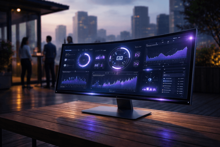 A photorealistic medium-wide cinematic shot, camera positioned approximately 1–2 meters from the subject, capturing a sleek ultra-wide curved glass display on a minimalist metal stand placed on a wooden deck table, its screen showing a clean decision-focused business control dashboard with multiple luminous KPI indicators and graphs arranged like a cockpit interface, interface details suggested without legible text, clearly readable within a realistic environment. The object integrates subtle electric-purple (#7B63FF) accents indicating intelligence or activity without overpowering realism, visible as gentle glows on key dashboard elements and discrete LED lines along the display frame. Set in an open-air wooden rooftop deck of a modern office building at early morning, with a soft city skyline and distant high-rises fading into a cool tech-noir haze, subtle reflections of the screen light on the deck boards, and a small diverse group of realistic professionals in smart-casual attire standing and conversing around high tables in the background, occasionally glancing toward the display, with natural human presence in the background or periphery. Lighting is low-key and practical, mixing the faint golden edge of early-morning sunlight with the cool ambient glow of the display, complemented by a soft integrated white spotlight from above and slightly to the side, gently revealing form, texture, and depth on the screen, stand, and wooden deck. Cinematic realism, natural shallow-to-medium depth of field, 35mm lens look, premium materials, ultra-detailed, 8K, no captions, no text overlays, no watermarks.