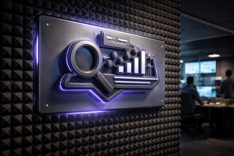 A photorealistic medium-wide cinematic shot, camera positioned approximately 1–2 meters from the subject, capturing a tangible 3D isometric sculpture of the official “Palavras-Chave” logo in brushed dark metal and glass, mounted on a slim floating glass panel with a soft gradient backlight, installed against a wall of dark gray egg-crate acoustic foam panels, with small, abstract icon-like shapes suggesting search bars, graphs, and keyword clusters integrated into the logo, clearly readable within a realistic environment. The object integrates subtle electric-purple (#7B63FF) LED accents indicating intelligence and live data flow along the logo edges and panel seams without overpowering realism. Set in a modern tech-noir digital marketing command room, with the acoustic-foam wall, dimmed wall-mounted monitors showing softly blurred analytics dashboards, charts, and heatmaps, a marketing analyst seated at a workstation in the midground and a few diverse colleagues moving or collaborating in the soft-focus background, all in professional casual attire, with candid neutral expressions. Lighting is low-key and practical, coming from the monitors, desk lamps, and a faint city glow through an unseen side window, complemented by a soft integrated white spotlight from above and slightly to the side, gently revealing the form, texture, and depth of the Palavras-Chave logo sculpture, glass panel, and acoustic foam surface. Cinematic realism, natural shallow-to-medium depth of field, 35mm–50mm lens look, neutral corporate tones with restrained electric-purple neon accents, premium materials, ultra-detailed, 8K, no captions, no text overlays, no watermarks.