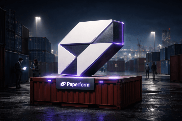 A photorealistic medium-wide cinematic shot, camera positioned approximately 1–2 meters from the subject, capturing a large 3D isometric Paperform logo sculpture, built as a solid matte-white and dark brushed-metal object mounted securely on top of a corrugated red shipping container, the official Paperform logo clearly visible on the front face of the sculpture and on a small screen-based control panel at the container’s edge, with subtle electric-purple #7B63FF LED lines tracing along its edges and seams to suggest intelligent, always-on digital workflows, clearly readable within a realistic environment. The object integrates subtle electric-purple accents indicating intelligence or activity without overpowering realism. Set in a real-world nighttime container yard on the edge of a modern city, with rows of stacked blue and red shipping containers receding into the background, wet pavement reflecting neon and security lights, distant cranes and a hazy skyline under a deep blue tech-noir sky; a few diverse professionals in smart-casual tech attire move between containers in the midground, casually consulting laptops and tablets whose screens cast soft glows, remaining secondary to the Paperform logo sculpture. Lighting is low-key and practical, coming from overhead mast lights, laptop screens and faint city glow, complemented by a soft integrated white spotlight from above and slightly to the side, gently revealing the form, texture and depth of the 3D logo, the corrugated metal and surrounding containers. Cinematic realism, natural shallow-to-medium depth of field, premium materials, ultra-detailed, 8K, no captions, no text overlays, no watermarks.