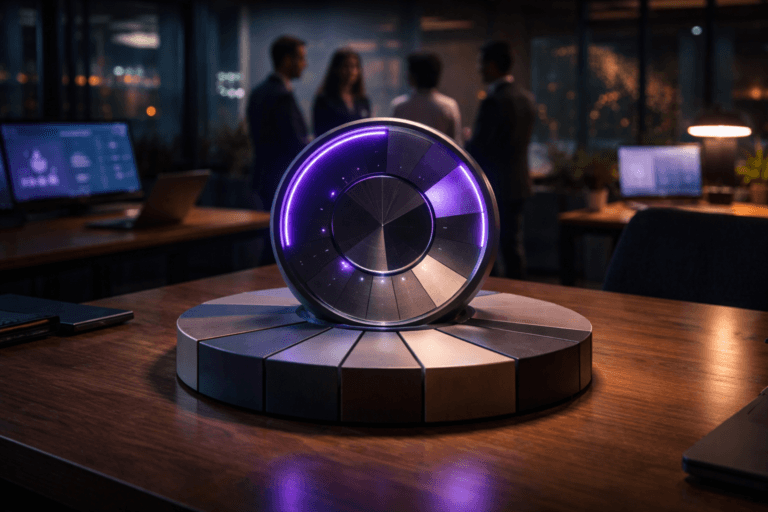 A photorealistic medium-wide cinematic shot, camera positioned approximately 1–2 meters from the subject, capturing a stylized but fully physical “payback” financial control sculpture as the hero object: a premium matte-metal and glass circular dashboard rising from the center of a painted wooden pie-chart base resting on a modern office table, the pie chart made of solid wood segments in muted corporate tones, the circular indicator segmented and subtly illuminated with electric-purple #7B63FF accents and tiny embedded LEDs suggesting real-time financial data, with no text or numbers visible, clearly readable within a realistic environment. The object integrates subtle electric-purple accents indicating intelligence or activity without overpowering realism. Set in a dimly lit modern finance and operations office in a Brazilian SME at night, with a wooden meeting table, scattered laptops and monitors showing softly blurred analytics dashboards, glass walls and large windows revealing out-of-focus city lights and distant neon glows, and a small, diverse group of professionals in business-casual attire conversing in the background, slightly out of focus and secondary to the sculpture. Lighting is low-key and practical, coming from desk lamps, monitor glow, and city light spill, complemented by a soft integrated white spotlight from above and slightly to the side, gently revealing the form, brushed-metal texture, glass reflections, and depth of the payback sculpture and the wooden pie-chart base. Cinematic realism, natural depth of field, 35mm lens look, premium materials, ultra-detailed, 8K, no captions, no text overlays, no watermarks.