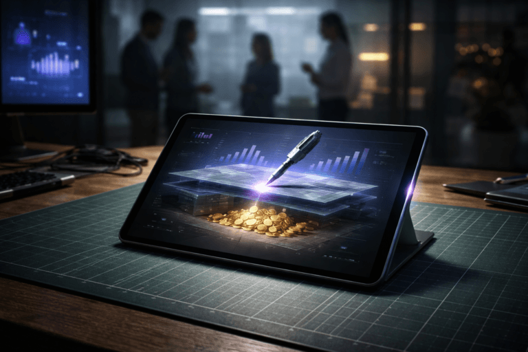 A photorealistic medium-wide cinematic shot, camera positioned approximately 1–2 meters from the subject, capturing a sleek tablet-sized HR analytics dashboard device resting on a green cutting mat with a white measurement grid as the hero object, the screen clearly readable and showing a refined 3D isometric illustration of a metal detector pointing toward buried golden treasure icons beneath layers of abstract data graphs, symbolizing People Analytics uncovering hidden value, with clean graphical elements and no readable text. The object integrates subtle electric-purple (#7B63FF) accents along the tablet frame and as soft glow around key data points on the screen, indicating intelligence and activity without overpowering realism. Set in a modern Tech-Noir corporate analytics workspace at night, a large wooden desk with the cutting mat, scattered pens and cables, blurred secondary monitors in the background showing abstract people-data visualizations, and a diverse group of HR professionals in business-casual attire visible in soft focus behind the desk, conversing and gesturing around a glass wall covered with faint sticky notes and diagrams. Lighting is low-key and practical, coming from computer screens, a distant office lamp, and city glow through a window, complemented by a soft integrated white spotlight from above that gently reveals the texture of the cutting mat, the metal edges of the device, and the depth of the isometric treasure scene on the screen. Subtle electric-purple reflections and cool blue tones mix with neutral grays and warm skin tones to create a restrained Tech-Noir atmosphere. Cinematic realism, natural shallow-to-medium depth of field, premium materials, ultra-detailed, 8K, no captions, no text overlays, no watermarks.