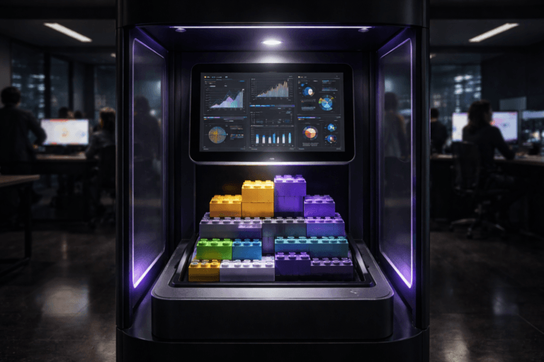 A photorealistic medium-wide cinematic shot, camera positioned approximately 1–2 meters from the subject, capturing a sleek self-service analytics kiosk inside a compact booth that subtly resembles a voting cabin, the hero object being the kiosk’s main touch screen and its base tray filled with real, solid modular construction blocks in vivid but tasteful colors, interlocking in perfectly organized layers to form a precise, structured tower that clearly symbolizes optimized, interconnected ad campaigns and performance levers; the block surfaces are matte with premium plastic and composite textures, edges subtly highlighted with thin electric-purple (#7B63FF) light traces suggesting intelligent, dynamic optimization, while the kiosk screen displays a complex, multi-panel analytics dashboard with charts and graphs in neutral tones plus restrained neon accents, all graphical and abstract with no readable text or numbers. Set in a modern corporate Tech-Noir environment: a dimly lit, glass-sided self-service booth on the floor of a night-time marketing operations office, with rows of desks, multiple monitor setups, and a panoramic city skyline with scattered neon lights faintly visible through large windows in the background. Natural human presence appears in the periphery: a diverse group of professionals in business-casual attire, slightly out of focus, standing or seated at workstations, calmly monitoring dashboards and screens, their figures secondary to the kiosk and modular block structure. Lighting is low-key and practical, coming from the kiosk display, nearby computer monitors, a few overhead office fixtures, and a subtle electric-purple accent strip integrated into the booth, all complemented by a soft, integrated white spotlight from above and slightly to the side that gently reveals the form, color separation, and fine texture of the modular blocks and kiosk surfaces without blowing out highlights. Cinematic realism, 35mm lens look, natural shallow-to-medium depth of field, crisp reflections on glass and polished metal, premium materials, ultra-detailed, subtle tech-noir mood, 8K resolution, no captions, no visible logos, no text overlays, no watermarks.