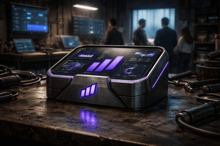 A photorealistic medium-wide cinematic shot, camera positioned approximately 1–2 meters from the subject, capturing a solid 3D isometric desktop object shaped as the official Performance logo, crafted from brushed dark metal and smoked glass, resting firmly on an oil-stained mechanic’s workbench and functioning as a compact performance cockpit device whose upper surfaces subtly display live-style financial, marketing, and product dashboard visuals, the Performance logo clearly visible and integrated into the front face of the object within a realistic environment. The object integrates subtle electric-purple (#7B63FF) accents along its edges, indicator lines, and interface highlights, suggesting intelligence and real-time analysis without overpowering the grounded, physical realism of the device. Set in a converted industrial garage turned Tech-Noir SaaS war room, with the oil-stained workbench surrounded by scattered mechanic tools, open laptops, coiled cables, and wall-mounted screens showing softly blurred analytics dashboards against raw concrete walls, metal shelving, and a dim, rain-streaked side window, neon reflections in muted teal and purple hinting at city lights outside, with a diverse group of realistic professionals in smart-casual attire gathered in the background around a larger workstation, discussing data on screens with candid, focused postures and neutral expressions, remaining clearly secondary to the hero object. Lighting is low-key and practical, coming from overhead industrial lamps, laptop screens, and wall monitors, complemented by a soft integrated white spotlight from above and slightly to the side that gently reveals the logo block’s form, reflections in the oily workbench surface, and fine texture on tools and materials, creating strong depth and separation from the background. Cinematic realism, natural shallow-to-medium depth of field, premium materials, ultra-detailed, 8K, no captions, no text overlays, no watermarks.