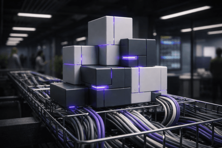 A photorealistic medium-wide cinematic shot, camera positioned approximately 1–2 meters from the subject, capturing a set of real matte acrylic modular building blocks in muted corporate tones, precisely interlocked into a clean, optimized geometric structure and resting securely on an overhead cable tray packed with neatly routed, color‑coded cables, the blocks and selected cable segments featuring subtle electric‑purple (#7B63FF) edge accents that suggest intelligent, high‑performance optimization without feeling sci‑fi. The object integrates subtle electric-purple accents indicating intelligence or activity without overpowering realism. Set in a dimly lit modern enterprise tech corridor with exposed ceiling cable management and dark structural beams, glass‑walled offices and screens with blurred analytics dashboards visible in the background, where a few diverse IT professionals move naturally below, slightly out of focus and secondary to the hero object. Lighting is low-key and practical, coming from ceiling strip lights, ambient glow from distant monitors, and a soft integrated white spotlight from the side that gently sculpts the modular blocks and cables, emphasizing form, texture, and depth. Cinematic realism, natural shallow-to-medium depth of field with a 35mm–50mm photographic look, premium industrial materials, ultra-detailed, 8K, no captions, no text overlays, no watermarks.