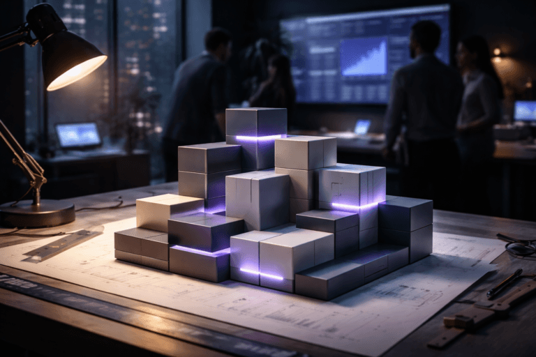 A photorealistic medium-wide cinematic shot, camera positioned approximately 1–2 meters from the subject, capturing a meticulously arranged cluster of real modular construction blocks made of matte plastic and translucent acrylic in muted corporate tones, interlocking perfectly into a clean, tiered structure that subtly echoes an organized web-performance dashboard, with precise edges, premium materials and small electric-purple (#7B63FF) accents glowing gently along some block seams to suggest intelligent, data-driven activity, clearly readable within a realistic environment. The object integrates subtle electric-purple accents indicating intelligence or activity without overpowering realism. Set in a modern tech-noir marketing analytics war room at night, centered on an architect’s tilted drafting table with an articulated desk lamp, rulers and sketch sheets beneath the blocks, surrounded by softly glowing monitors and a wall-mounted dashboard screen in the background, glass walls revealing a rainy, neon-lit cityscape outside; diverse professionals in smart-casual attire are softly out of focus at the edges of the frame, standing and leaning toward the table in candid discussion while remaining secondary to the hero object. Lighting is low-key and practical, from the articulated lamp, ambient monitor glow and faint city light, complemented by a soft integrated white spotlight from above, gently revealing form, texture, and depth on the blocks and tabletop. Cinematic realism, natural shallow-to-medium depth of field, premium materials, ultra-detailed, 8K, no text, no interface labels, no watermarks.