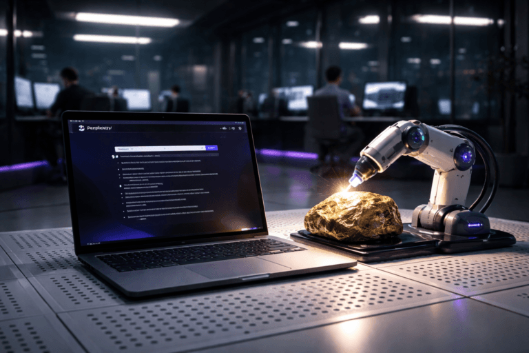 A photorealistic medium-wide cinematic shot, camera positioned approximately 1–2 meters from the subject, capturing as the refined hero object a sleek open laptop resting on a pristine white elevated technical floor with perforated cooling tiles, the laptop screen clearly displaying the Perplexity AI interface with the official Perplexity logo subtly visible in the corner, beside it a realistic raw gold nugget being actively polished by a compact robotic arm, the nugget catching the light as a metaphor for rough data being refined into valuable insight; the object integrates subtle electric-purple (#7B63FF) accents in the laptop UI glow and along the robotic arm’s indicator lights, suggesting intelligence and real-time activity without overpowering the neutral corporate palette. Set in a dim, high-end AI operations room at night, with rows of workstations and glass walls revealing a moody city skyline, the white raised perforated floor extending into the distance; a few diverse professionals in smart-casual attire work at screens in the background and periphery, softly out of focus, their faces lit by monitor glow to reinforce a lived-in, data-driven environment. Lighting is low-key and practical, coming from overhead office panels, monitor light, and a subtle electric-purple accent strip under the workstations, complemented by a soft integrated white spotlight from above and slightly to the side of the laptop and gold nugget, gently revealing metal, plastic, and mineral textures with crisp reflections and rich shadows. Cinematic realism, 35mm lens photographic look, natural shallow-to-medium depth of field, premium materials, ultra-detailed surfaces, subtle tech-noir mood, 8K resolution, no captions, no text overlays in the scene beyond the Perplexity logo on the screen, no watermarks, not isometric, not stylized, fully photorealistic.