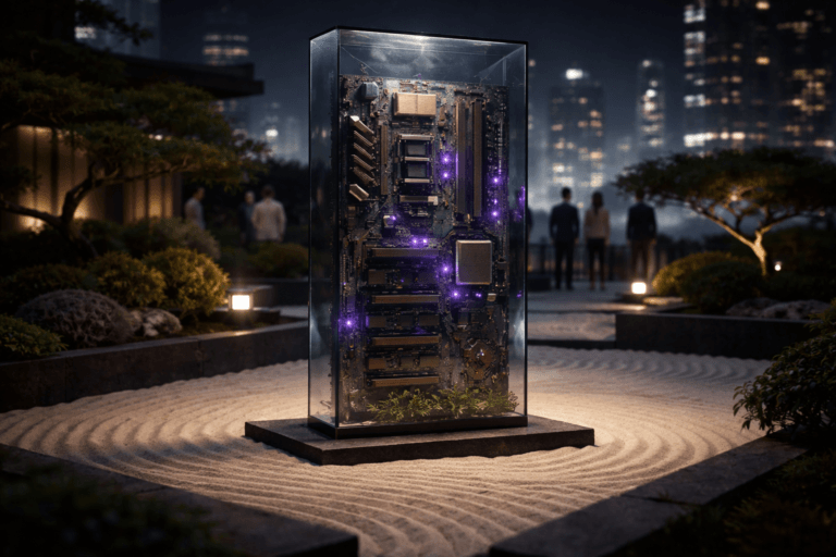 A photorealistic medium-wide cinematic shot, camera positioned approximately 1–2 meters from the subject, capturing a large, vertically mounted server-grade motherboard embedded into a slim glass monolith at the center of a minimalist zen garden, its copper traces, heatsinks, and microchips sharply detailed and clearly readable, with tiny status LEDs and subtle electric-purple light gently pulsing along selected circuit paths to suggest an active AI persona core, all firmly grounded as a real physical installation. The object integrates subtle electric-purple accents indicating intelligence or activity without overpowering realism. Set in a rooftop corporate zen garden at night, with white sand meticulously raked into flowing wave patterns around the motherboard monolith, dark stone borders, a few low bonsai trees, and a distant futuristic city skyline casting soft reflections and restrained neon glows, creating a believable Tech-Noir corporate environment. A small group of diverse technology professionals in business-casual clothing walk and converse quietly along a stone pathway at the edge of the garden, slightly out of focus and secondary to the motherboard sculpture. Lighting is low-key and practical, coming from discrete ground-level garden lights, the ambient city glow, and the faint reflections of nearby office windows, complemented by a soft integrated white spotlight from above and slightly to the side that sculpts the motherboard’s components and the sand’s textures, gently revealing form, texture, and depth. Cinematic realism, natural shallow-to-medium depth of field with a 35mm lens look, premium materials, ultra-detailed, 8K, no text, no captions, no watermarks.