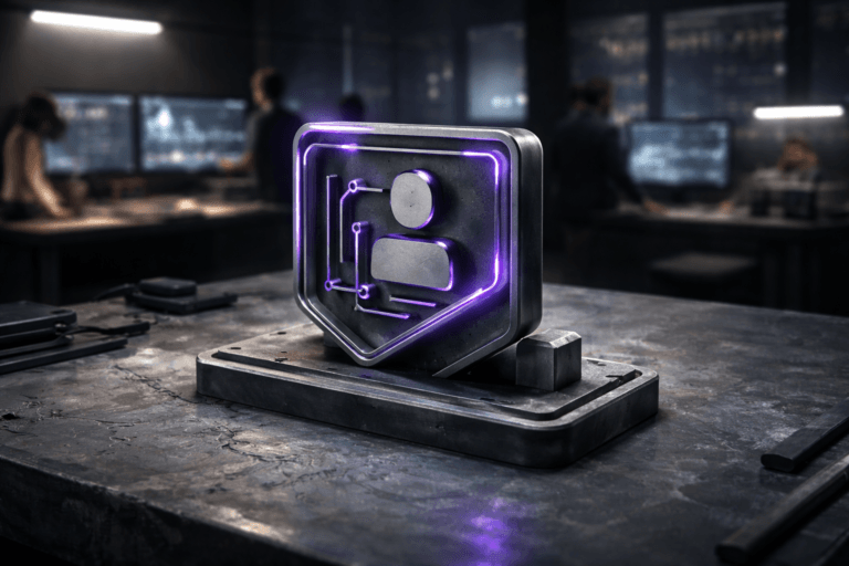 A photorealistic medium-wide cinematic shot, camera positioned approximately 1–2 meters from the subject, capturing a solid 3D isometric-style sculpture of the “Personalização” logo made of matte dark glass and brushed metal, resting firmly on a gray clay-smeared ceramic worktable, the logo clearly readable and integrated as a premium physical object within a realistic environment. The object integrates subtle electric-purple (#7B63FF) edge glows and fine inlaid accents indicating intelligence and data flow without overpowering realism. Set in a dimly lit modern Tech-Noir analytics and automation studio, where the ceramic worktable sits between sleek workstations with softly blurred dashboards on large monitors, scattered tools, laptops, and modular hardware, with a few out-of-focus diverse professionals collaborating and gesturing around screens in the background. Lighting is low-key and practical, coming from monitors, a nearby desk lamp, and a faint city glow through a distant window, complemented by a soft integrated white spotlight from above and slightly to the side, gently revealing the form, texture of the clay smears, and the depth and reflections of the logo sculpture. Cinematic realism, natural shallow-to-medium depth of field, premium materials, ultra-detailed, 8K, neutral corporate palette with restrained electric-purple neon accents, no captions, no text overlays, no watermarks.