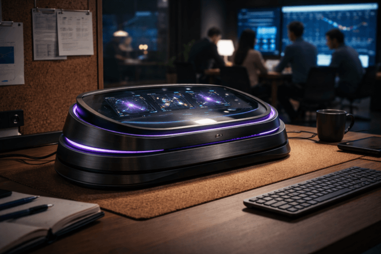 A photorealistic medium-wide cinematic shot, camera positioned approximately 1–2 meters from the subject, capturing a sleek physical “real-time personalization cockpit” device as the hero object — a premium matte-black and brushed-metal tabletop console with a curved glass top, stacked circular layers suggesting continuous data streams, embedded miniature dashboard screens and indicator lights without any readable text, and fine inlaid light strips in subtle electric purple #7B63FF along its edges — clearly readable within a realistic environment. The object integrates subtle electric-purple accents indicating intelligence or activity without overpowering realism. Set in a modern tech-driven marketing analytics war room inside a corporate office at night, with the console resting on a large wooden desk that has a warm cork-textured desk mat and a cork pinboard wall section behind it, softly covered with out-of-focus pinned charts and printouts, while a diverse group of data analysts and marketers are seen blurred in the background collaborating around other workstations with large wall-mounted dashboards and glowing monitors. Lighting is low-key and practical, coming from monitor glow, desk lamps, and a few overhead fixtures, complemented by a soft integrated white spotlight from above and slightly to the side that gently reveals the form, texture, and depth of the cockpit device, the cork surface, and the surrounding desk objects like a keyboard, notebook, pen, and coffee mug. Cinematic realism, natural shallow-to-medium depth of field, 35mm lens look, neutral corporate color palette with restrained neon purple and teal screen accents, premium materials, ultra-detailed, 8K, no captions, no text overlays, no watermarks.