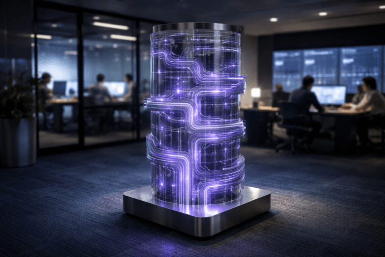 A photorealistic medium-wide cinematic shot, camera positioned approximately 1–2 meters from the subject, capturing a sleek, waist-high physical sculpture representing a Personalization Engine as the hero object — a transparent acrylic and brushed-metal totem made of interlocking modular layers and concentric rings, with tiny embedded LED-like nodes and channel-like grooves suggesting real-time data flows and decision layers — clearly readable and sharply in focus within a realistic environment. The object integrates subtle electric-purple (#7B63FF) accents glowing softly along its internal channels and nodes to indicate intelligence and activity without overpowering realism. Set in a contemporary corporate analytics war-room office at night with navy-blue modular carpet flooring, glass partitions, and a few large wall-mounted screens in the background showing softly blurred interface visuals and dashboards, with a small group of diverse professionals in business-casual attire collaborating around workstations in the periphery, their forms slightly out of focus so the sculpture remains the primary focal point. Lighting is low-key and practical, coming from overhead office fixtures, desk lamps, and screen glow, complemented by a soft integrated white spotlight from the side, gently revealing the sculpture’s form, texture, and depth while casting subtle reflections on the carpet and nearby glass. Cinematic realism, natural shallow-to-medium depth of field, neutral corporate tones with restrained neon purple and cool blue accents, premium materials, ultra-detailed, 8K resolution, no captions, no text overlays, no watermarks.