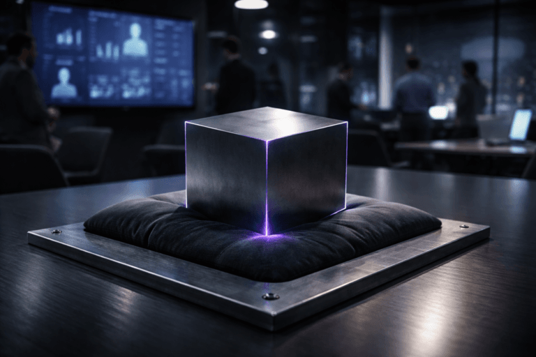 A photorealistic medium-wide cinematic shot, camera positioned approximately 1–2 meters from the subject, capturing a dense, matte tungsten cube visibly heavy and partially sinking into a dark, soft cushion with fine fabric texture, both presented on a brushed metal plate with visible industrial screws at the corners on a sleek conference table, clearly readable within a realistic environment. The object integrates subtle electric-purple (#7B63FF) accent reflections along the edges of the cube and a thin glow around the contact area with the cushion, as if illuminated by nearby AI dashboards, indicating intelligence or activity without overpowering realism. Set in a modern tech-noir product strategy war room at night, with floor-to-ceiling windows hinting at a distant city skyline, multiple wall-mounted screens showing abstract analytics dashboards, data flows and segmented human silhouettes representing user personas (only icons and graphs, no readable text), and a diverse group of professionals in smart-casual attire collaborating around the table and near the screens in the background and periphery, slightly out of focus. Lighting is low-key and practical, coming from the cool glow of the screens, a few dim overhead fixtures, and complemented by a soft integrated white spotlight from above and slightly to the side, gently revealing the cube’s sharp edges, the cushion’s deformation, brushed metal textures, and subtle reflections on the table surface. Cinematic realism, 35mm lens look, natural shallow-to-medium depth of field with the hero object in crisp focus and the team and dashboards softly blurred, neutral corporate color palette with restrained neon electric-purple and cool blue accents, premium materials, ultra-detailed, 8K, no captions, no text overlays, no watermarks.