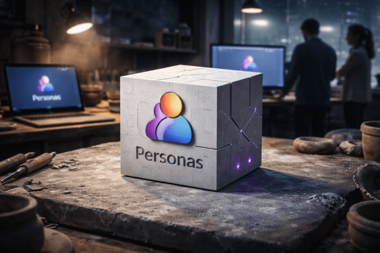 A photorealistic medium-wide cinematic shot, camera positioned approximately 1–2 meters from the subject, capturing a solid 3D isometric sculpture of the Personas brand logo standing on a gray clay-smeared ceramic worktable, the official Personas logo clearly visible on the front face and complemented by subtle engraved metro-map style lines and tiny interface iconography that hint at UX workflows, with a matching Personas logo softly glowing on a blurred laptop screen in the background, clearly readable within a realistic environment. The object integrates subtle electric-purple accents indicating intelligence or activity without overpowering realism. Set in a moody Tech-Noir hybrid pottery studio and UX workspace at night, with concrete walls, scattered ceramic tools, a few laptops and monitors on side desks showing softly blurred dashboards, faint city lights through a high window, and a couple of diverse UX professionals in the background collaborating around a screen, slightly out of focus at the periphery. Lighting is low-key and practical, coming from desk lamps, overhead industrial fixtures and the glow of screens, complemented by a soft integrated white spotlight from above or the side, gently revealing form, texture, and depth. Cinematic realism, natural depth of field, premium materials, ultra-detailed, 8K, no captions, no extra text overlays, no watermarks.