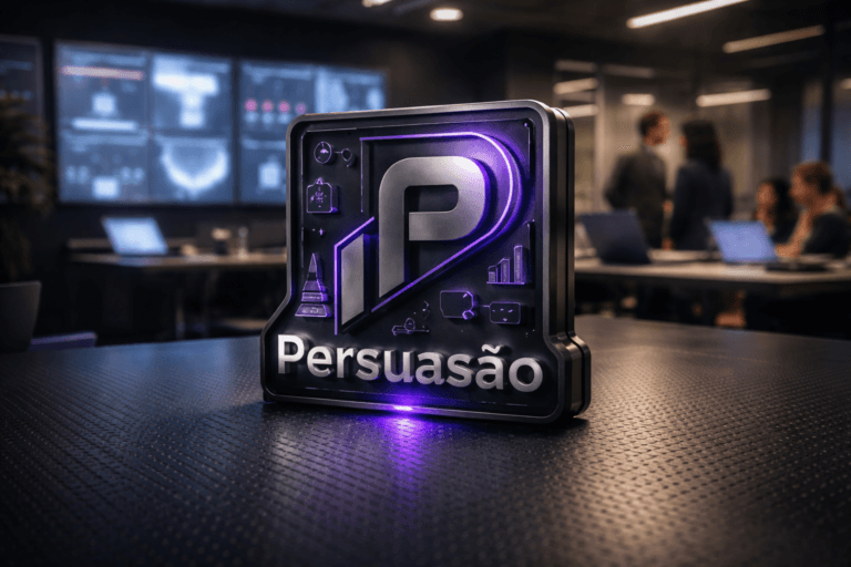 A photorealistic medium-wide cinematic shot, camera positioned approximately 1–2 meters from the subject, capturing a solid, freestanding 3D isometric sculpture of the “Persuasão” brand logo in glossy dark metal and smoked glass as the hero object, with thin inlaid electric-purple (#7B63FF) light lines and small abstract icon-like shapes subtly evoking data dashboards, analytics, and marketing software, resting firmly on a black coin-textured anti-slip rubber floor (piso moeda) and clearly readable within a realistic environment, shot on a 35mm lens. The object integrates subtle electric-purple accents indicating intelligence or activity without overpowering realism. Set in a dim, high-end B2B marketing analytics war room with continuous black coin-textured rubber flooring, dark matte walls and glass partitions, a large wall of softly glowing screens showing blurred, text-free analytics dashboards and CRM funnels, and a sleek conference table with open laptops and peripherals accented by discreet electric-purple and cool-white LED light strips, with a small, diverse group of marketing professionals in smart-casual attire naturally collaborating in the background and periphery, slightly out of focus, glancing at dashboards and discussing strategy. Lighting is low-key and practical, coming from the wall of screens, table lamps, and subtle ceiling fixtures, complemented by a soft integrated white spotlight from above and slightly to the side of the logo sculpture, gently revealing the form, brushed-metal texture, glass reflections, and the tactile detail of the rubber floor while allowing the room to fall into moody Tech-Noir shadows. Cinematic realism, natural shallow-to-medium depth of field, premium materials, ultra-detailed, 8K, neutral corporate color palette with restrained electric-purple neon accents, no captions, no readable text, no logos on people’s clothing, no watermarks.
