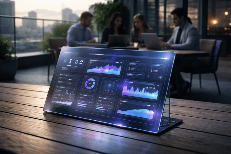 A photorealistic medium-wide cinematic shot, camera positioned approximately 1–2 meters from the subject, capturing a sleek semi-transparent physical display panel resting on a wooden deck table, its surface showing a refined 3D isometric SaaS dashboard composed of neatly organized interface tiles and UI components, with subtle electric-purple #7B63FF accent highlights tracing key elements to suggest intelligence and active analysis, clearly readable within a realistic environment. The object integrates subtle electric-purple accents indicating intelligence or activity without overpowering realism. Set on an outdoor wooden deck of a modern office rooftop in early morning, with long soft shadows, a distant city skyline and glass railings, and a small diverse group of UX designers and product researchers in the background around the table, using laptops and tablets, candidly observing and discussing the panel while remaining secondary and slightly out of focus, creating a grounded tech-noir atmosphere through cool neutral tones, screen glow and restrained neon reflections. Lighting is low-key and practical, combining gentle early sunlight with the glow of nearby device screens and a soft integrated white spotlight from above and slightly to the side, gently revealing form, texture, and depth on the display panel and deck surface. Cinematic realism, natural shallow-to-medium depth of field, premium materials, ultra-detailed, 8K, no captions, no on-screen text, no watermarks.