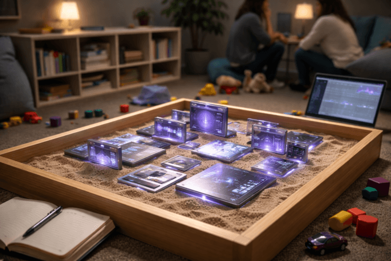 A photorealistic medium-wide cinematic shot, camera positioned approximately 1–2 meters from the subject, capturing a child-sized wooden sandbox on the floor as the hero object, its fine sand carefully sculpted into a neat isometric grid where sleek, physical UI-like tiles and panels made of glass and brushed metal are organized in a harmonious 3D layout, each panel showing abstract interface shapes and data-like icons without readable text, with subtle electric-purple (#7B63FF) edge glows and light traces indicating intelligence and analytical activity, clearly readable within a realistic environment. The sandbox sits in a modern child psychology clinic playroom that feels like a research “sandbox” for ethnographic observation: soft neutral walls, a low bookshelf with neatly arranged books and board games, a small table with coloring materials, a psychologist’s open field notebook and pen resting near the rim of the sandbox, a slim laptop off to the side showing a blurred qualitative analysis interface, and scattered colorful children’s toys (blocks, a small car, a stuffed animal) around the perimeter of the sand. In the softly blurred background, a psychologist and a parent or caregiver are partially visible in candid posture, conversing while discreetly observing a child who plays just out of frame, adding realistic, diverse human presence without drawing focus from the sandbox interface structure. Lighting is low-key and practical, coming from a ceiling panel light, a small floor lamp, and the gentle glow of the UI-like panels in the sand; this is complemented by a soft integrated white spotlight from above and slightly to the side, gently revealing the texture of the sand, the premium materials of the panels, and subtle reflections of electric purple on nearby toys and furniture, creating a restrained Tech-Noir atmosphere within a believable clinical-playroom setting. Cinematic realism, natural shallow-to-medium depth of field, 35mm lens look, neutral corporate tones with controlled neon purple accents, premium materials, ultra-detailed, 8K, no captions, no text overlays, no watermarks.