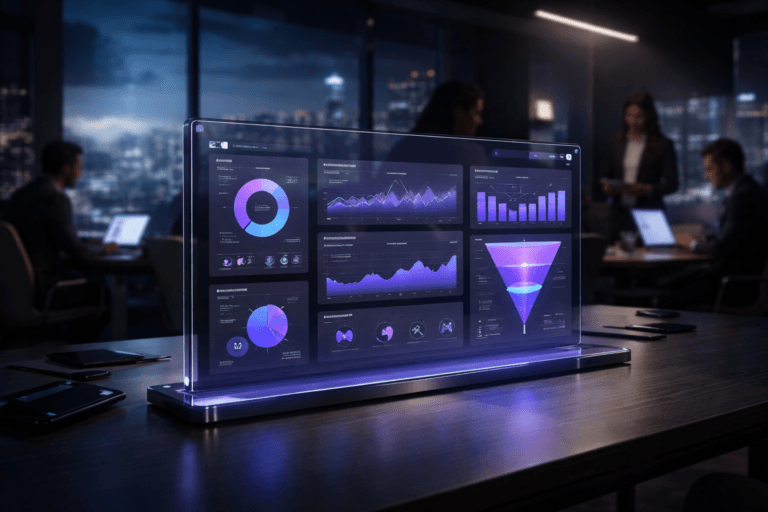 A photorealistic medium-wide cinematic shot, camera positioned approximately 1–2 meters from the subject, capturing a large, sleek transparent analytics dashboard screen mounted on a contemporary conference table, its surface filled with organized interface elements: clean cards, tiles, charts, and funnel visualizations representing qualitative and quantitative customer research insights, designed in a refined, contemporary UI style with subtle 3D depth and isometric structure, all clearly readable within a realistic environment and with no legible text or numbers. The object integrates subtle electric-purple (#7B63FF) accents along edges, icons, and data highlights, indicating intelligent analysis and activity without overpowering realism. Set in a nocturnal Tech-Noir corporate “war room” high in a glass-walled office tower, with floor-to-ceiling windows revealing a distant city skyline and soft, illuminated cumulus clouds below the building, evoking the feeling of being above the clouds while remaining grounded in reality; a diverse group of marketing, product, and data professionals is present in the background and periphery, slightly out of focus, seated and standing around the table, interacting candidly with secondary screens and laptops. Lighting is low-key and practical, coming from laptop screens, wall displays, and subtle ceiling fixtures, complemented by a soft integrated white spotlight from above and slightly to the side of the main dashboard screen, gently revealing the form, glass texture, and metallic details while casting controlled reflections on the table surface. Cinematic realism, natural shallow-to-medium depth of field, neutral corporate palette with restrained neon purple accents, premium materials, ultra-detailed, 8K, no captions, no text overlays, no watermarks.